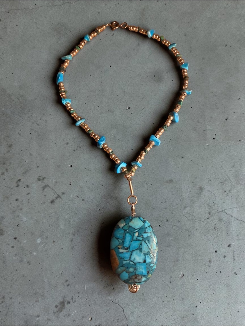 Turquoise Chip Pendant Necklace with Gold Bead Accents